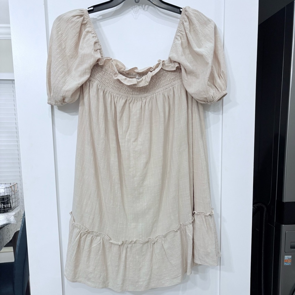 SABO SKIRT Ranetta Linen Blend Mini Dress Size 4 Beige Off Shoulder Babydoll - Picture 6 of 11
